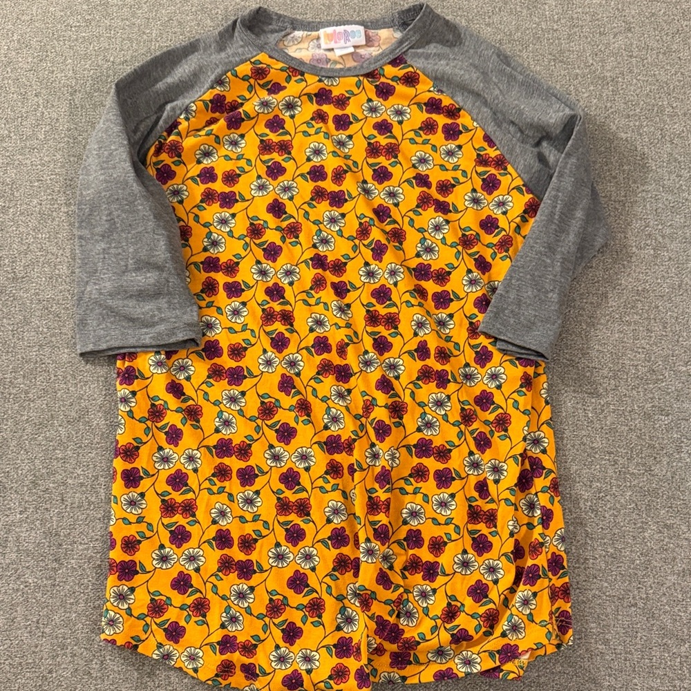 5/$15- Yellow Floral Raglan Dress with Gray Sleeves